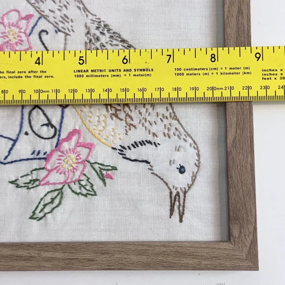 Handmade Vintage Embroidered North Dakota State Bird & Flower Framed 9x9”